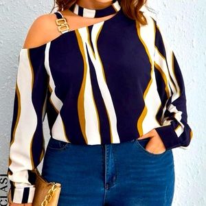Casi colorblock assymetrical neck chain blouse. 3X and 4X